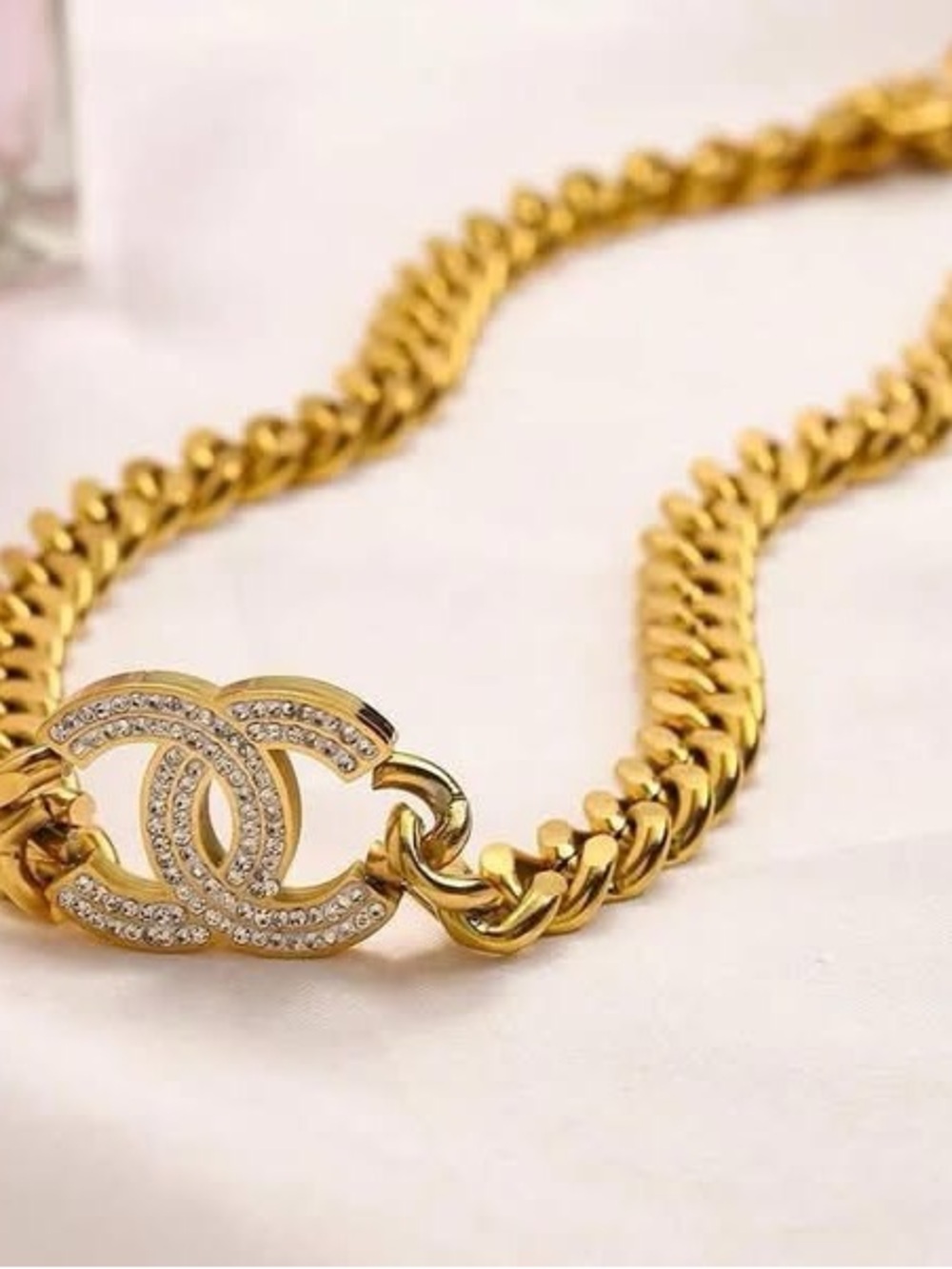 Gold Chain Necklace with Crystal Interlocking Logo Accent - Picture 6 of 7